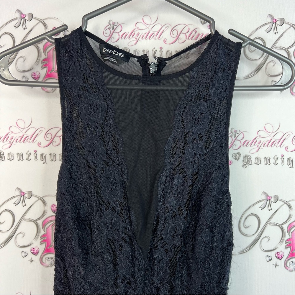 bebe dress lace Lacie floral mesh neckline Elegant Black Lace Midi Dress - Picture 7 of 14